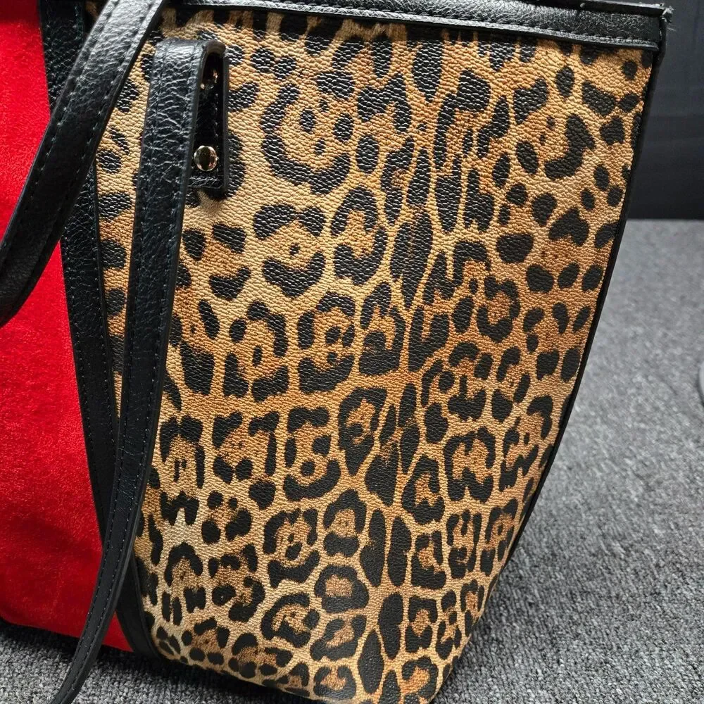 Chico’s Leopard Print Faux Suede Large Tote Red Stripe Animal Print Shoulder Bag
